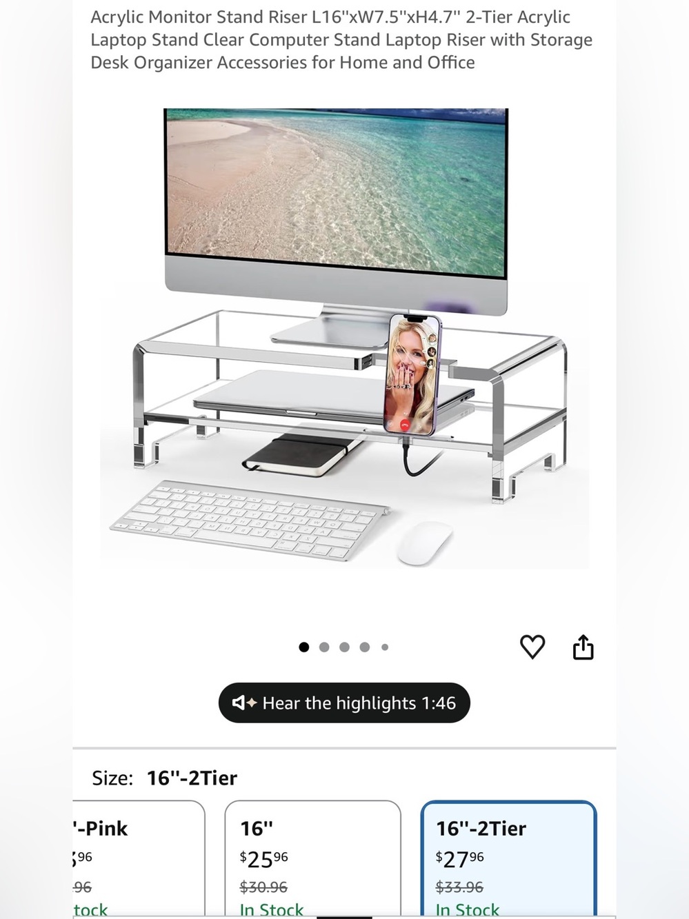 Clear Acrylic Monitor Riser with Built-In Phone Slot - 2-Tier